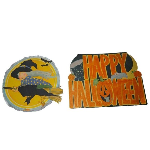 Vintage Lot of 8 Halloween Fall Cardboard Die Cuts Decorations Cat Skull Pumpkin - Picture 1 of 7